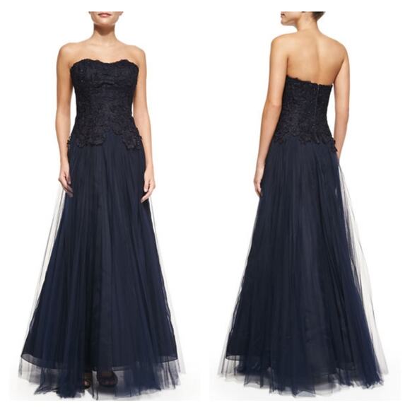 Liancarlo Strapless Floral Lace Gown with Tulle Skirt Navy size 8